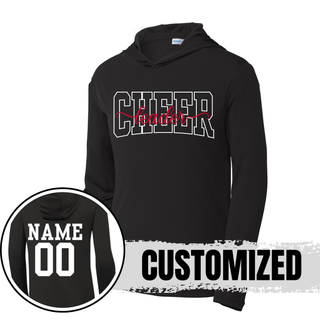Black PosiCharge Competitor Hoodie with CHEER leader spirit design on front. White CHEER outline with red leader script. Back shows customizable NAME and 00 in white. CUSTOMIZED text overlay