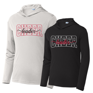 PosiCharge Competitor Hoodie color grid for Cheer Leader Spirit design. Shows Silver and Black hoodies with CHEER leader logo on front. Silver has red CHEER outline with black leader script. Black has white CHEER outline with red leader script