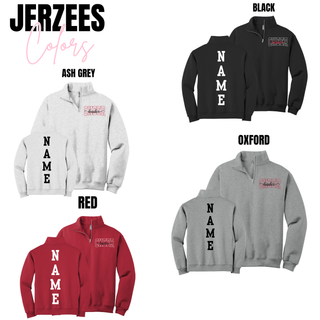 Quarter-Zip Pullover color grid for Cheer Leader Spirit design. Shows Ash Grey, Black, Red, and Oxford with CHEER leader logo on front and NAME on back. JERZEES Colors text overlay