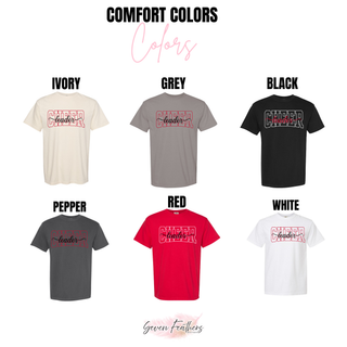 Comfort Colors shirt color grid for Cheer Leader Spirit design. Shows Ivory, Grey, Black, Pepper, Red, and White shirts with CHEER leader logo