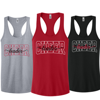 Heather Grey, Red, and Black Women's Racerback Tanks with CHEER leader spirit design on front. CHEER in varsity outline with leader in script. Racerback style