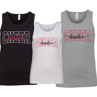 Black, White, and Athletic Heather Youth Jersey Tanks with CHEER leader spirit design on front. CHEER in varsity outline with leader in script. Regular tank style