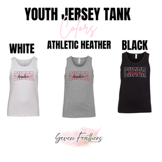 Youth Jersey Tank color options for Cheer Leader Spirit design. Shows White, Athletic Heather, and Black tanks with CHEER leader logo on front