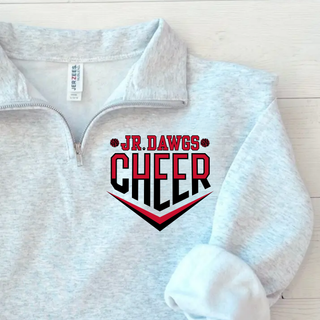 Ash Grey Jerzees Cadet Quarter Zip Fleece with Jr Dawgs Cheer classic logo in red and black on left chest. Cadet collar, 1/4 zip, folded sleeve detail on light wood background
