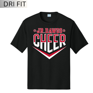 Black short sleeve Dri-Fit performance t-shirt featuring the Jr Dawgs Cheer classic logo in red and white with chevron and pom-pom accents, displayed on white background