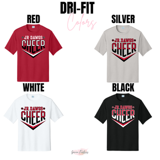 Color grid of Jr Dawgs Cheer Classic Logo Dri-Fit performance tops showing four color options: red tee with white and black logo, silver tee with red and black logo, white tee with red and black logo, black tee with red and white logo