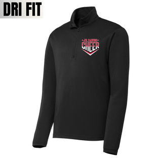 Black Dri-Fit performance quarter zip pullover with Jr Dawgs Cheer classic logo in red and white on left chest. Cadet collar, 1/4 zip, long sleeve. DRI FIT text overlay
