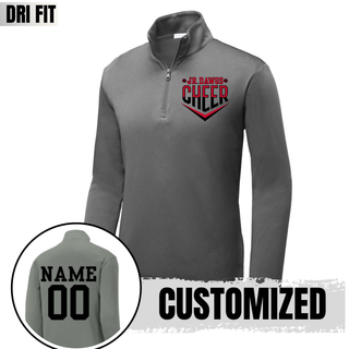 Grey Concrete Dri-Fit performance quarter zip with Jr Dawgs Cheer classic logo in red and black on left chest. Inset shows back customization option with NAME and 00 in black varsity lettering. CUSTOMIZED text overlay, DRI FIT text overlay