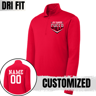 Red Dri-Fit performance quarter zip with Jr Dawgs Cheer classic logo in white and black on left chest. Inset shows back customization option with NAME and 00 in white varsity lettering. CUSTOMIZED text overlay, DRI FIT text overlay