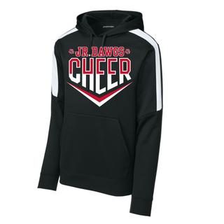 Black Fan Favorite Hoodie with Jr Dawgs Cheer classic logo in red and white on front. Cheer text with chevron and pom accents. Sponge fleece pullover with front pouch pocket