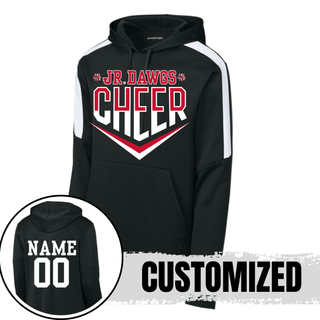 Athletic Heather Fan Favorite Hoodie with Jr Dawgs Cheer classic logo in red and black on front. Sponge fleece pullover with front pouch pocket