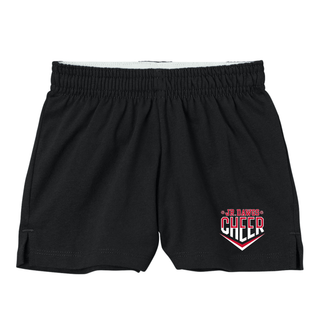 Black Sport-Tek jersey knit squad shorts with Jr Dawgs Cheer classic logo in red and white on left leg, elastic waistband with white inner band, 1-inch side vents, flat lay on white background