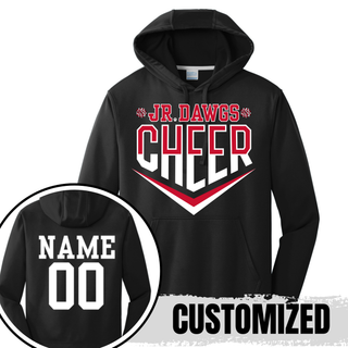 Black Port and Company performance fleece hoodie with Jr Dawgs Cheer classic logo on front in red and white. Inset shows back customization option with NAME and 00 in white varsity lettering. CUSTOMIZED text overlay