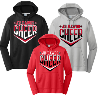Color grid of Jr Dawgs Cheer Classic Logo Performance Hoodies in black, silver, and red. Each fleece pullover features the red, white, and black Jr Dawgs Cheer classic logo with chevron and pom-pom accents on the chest, front pouch pocket, and drawstring hood