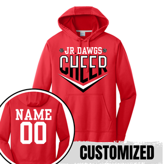 Red Port and Company performance fleece hoodie with Jr Dawgs Cheer classic logo on front in white and black. Inset shows back customization option with NAME and 00 in white varsity lettering. CUSTOMIZED text overlay