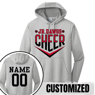 Silver gray Port and Company performance fleece hoodie with Jr Dawgs Cheer classic logo on front in red and black. Inset shows back customization option with NAME and 00 in black varsity lettering. CUSTOMIZED text overlay