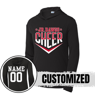 Black Sport-Tek PosiCharge Competitor Pullover Hoodie with Jr Dawgs Cheer classic logo in red and white on chest. Inset shows back customization option with NAME and 00 in white varsity lettering. CUSTOMIZED text overlay, 3-panel hood, set-in sleeves