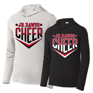 Sport-Tek PosiCharge Competitor Pullover Hoodies in silver and black. Both feature the Jr Dawgs Cheer classic logo with chevron and pom-pom accents in red, white, and black. Silver hoodie shows red and black logo, black hoodie shows red and white logo. Lightweight performance hoodies on white background