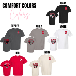 Comfort Colors shirts in Black, Pepper, Grey, White, Red, and Ivory. Front left chest shows red R with Jr. Dawgs script. Back features Jr. Dawgs Cheer Classic Logo chevron in red and white
