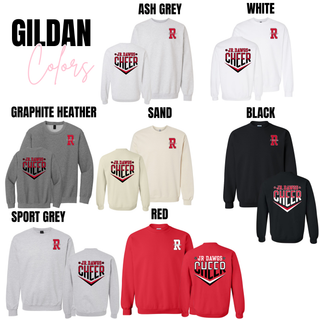 Gildan tops in Ash Grey, White, Graphite Heather, Sand, Black, Sport Grey, and Red. Front left chest shows red R with Jr. Dawgs script. Back features Jr. Dawgs Cheer Classic Logo chevron in red and white