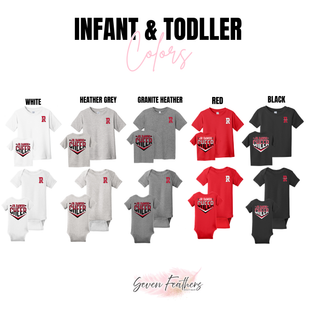 Infant and toddler tops and bodysuits in White, Heather Grey, Granite Heather, Red, and Black. Front left chest shows red R. Back features Jr. Dawgs Cheer Classic Logo chevron in red and white