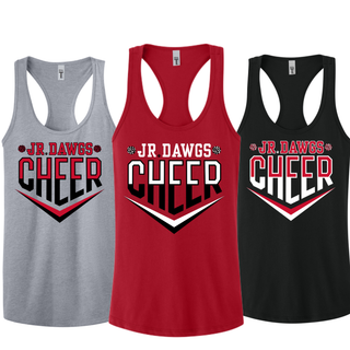 Next Level racerback tanks in Heather Grey, Red, and Black with Jr Dawgs Cheer classic logo in red, white, and black on front. Cheer text with chevron and pom accents. Flat lay on white background