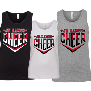 Bella+Canvas youth jersey tanks in Black, White, and Athletic Heather with Jr Dawgs Cheer classic logo in red, white, and black on front. Cheer text with chevron and pom accents. Flat lay on white background