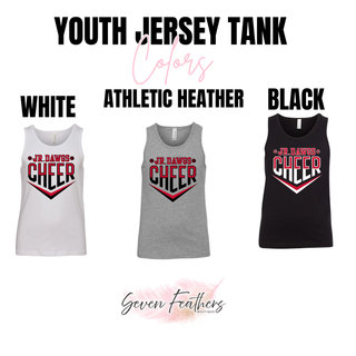Jr Dawgs Cheer Youth Jersey Tank color grid. Shows White, Athletic Heather, and Black Bella+Canvas tanks with classic logo on left chest. YOUTH JERSEY TANK Colors text overlay