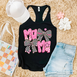 womens racerback tank in black with pink checkered leopard mama design with bows and stars flat lay with white hat and denim shorts