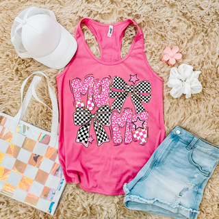 womens racerback tank in hot pink with pink checkered leopard mama design with bows and stars flat lay with white hat and denim shorts
