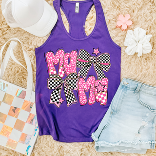 womens racerback tank in purple with pink checkered leopard mama design with bows and stars flat lay with white hat and denim shorts
