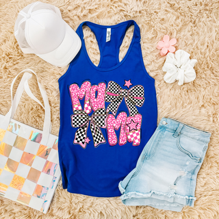 womens racerback tank in royal blue with pink checkered leopard mama design with bows and stars flat lay with white hat and denim shorts