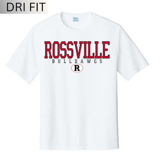 Rossville Bulldawgs Classic R Dri-Fit Performance Top White with red ROSSVILLE block text black BULLDAWGS spaced lettering R oval logo Rossville High School