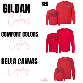  Rossville Dawgs Dual Print Top Red collection Gildan Crewneck Sweatshirt Comfort Colors Long Sleeve Tee Bella Canvas Crewneck with left chest DAWGS bulldog logo and full back print ROSSVILLE BULLDAWGS bulldog mascot Rossville High School spirit wear
