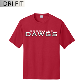 Rossville Dawgs Stack Dri-Fit Performance Top Red with white ROSSVILLE text white DAWGS block lettering Rossville High School athletic shirt
