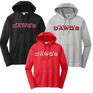 Rossville Dawgs Stack Performance Hoodie Black with white ROSSVILLE text red DAWGS block lettering Rossville High School athletic hoodie