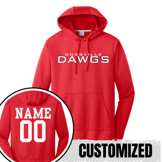 Rossville Dawgs Stack Performance Hoodie Red with white ROSSVILLE text white DAWGS lettering Rossville High School spirit wear