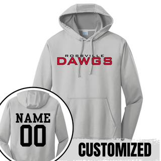 Rossville Dawgs Stack Performance Hoodie Silver with black ROSSVILLE text red DAWGS lettering moisture wicking Rossville Bulldawgs