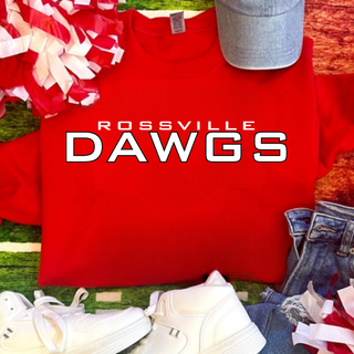 Rossville Dawgs Stack Top Red with white ROSSVILLE text white DAWGS block lettering Rossville High School spirit wear