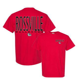 Rossville Dawgs Vertical Back Comfort Colors Shirt Red with DAWGS left chest and tall ROSSVILLE BULLDAWGS bulldog back print Rossville High School