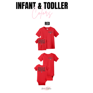 Rossville Dawgs Vertical Back Infant Toddler Top Bodysuit Red with DAWGS front and ROSSVILLE back Rossville Bulldawgs baby shirt