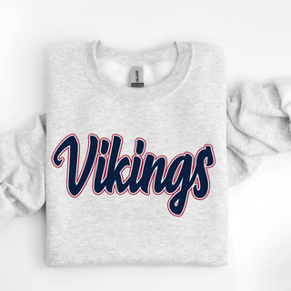 Ash Grey top with Vikings retro script design in navy with red and white outline across the front chest