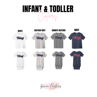Infant and toddler tops and bodysuits in White, Heather Grey, Granite Heather, and Navy. Each features Vikings retro script in navy with red and white outline. Navy shows red script with white outline