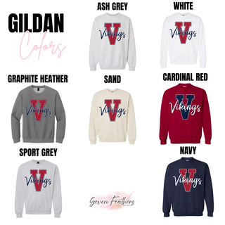 Gildan tops in Ash Grey, White, Graphite Heather, Sand, Cardinal Red, Sport Grey, and Navy. Each features large Varsity V with Vikings script overlay. Cardinal top shows navy V with white script