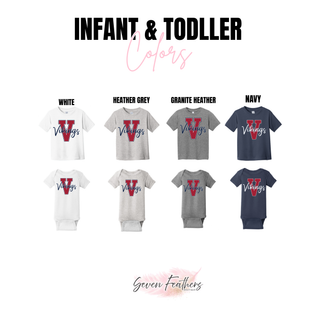 Infant and toddler tops and bodysuits in White, Heather Grey, Granite Heather, and Navy. Each features large red Varsity V outlined in white with Vikings script in navy across the front