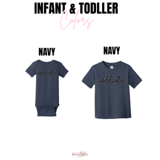 Navy infant onesie and toddler tee color chart for Hayden Wildcats script top design
