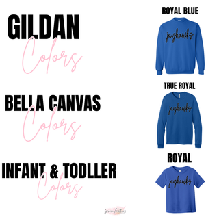 Gildan royal blue, Bella Canvas true royal, and infant toddler royal color chart for jayhawks script top
