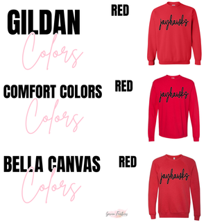 Gildan, Comfort Colors, and Bella Canvas red color chart for jayhawks script top
