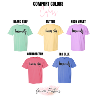 Pastel color chart for kansas city script top showing island reef, butter, neon violet, crunchberry, and flo blue
