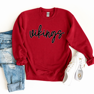 Red Gildan crewneck sweatshirt with cursive vikings script design, Seaman Vikings spirit wear
